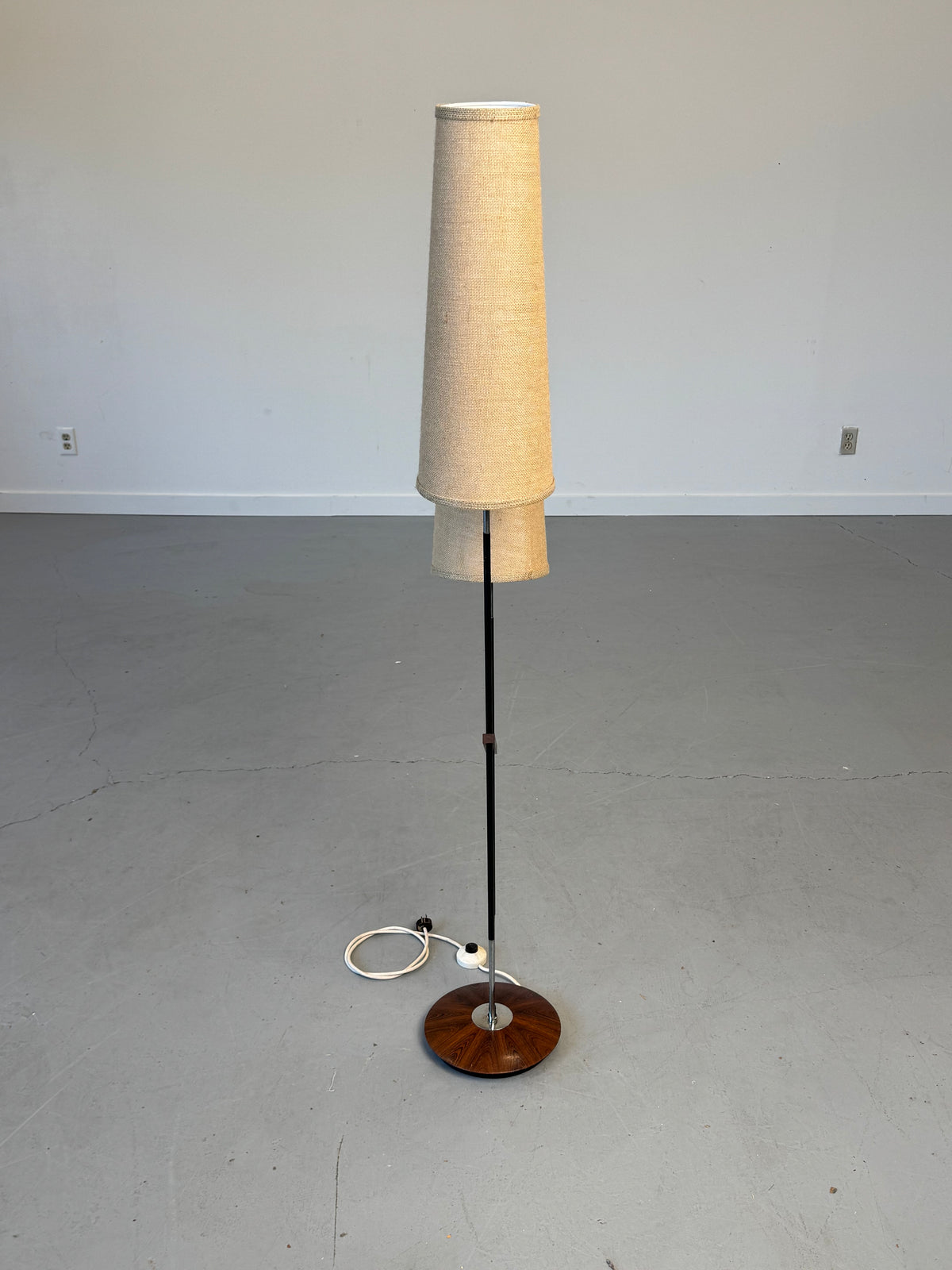 1950s–1960s German Twin-Cone Floor Lamp in Rosewood, steel, Chrome and Textured Fabric.