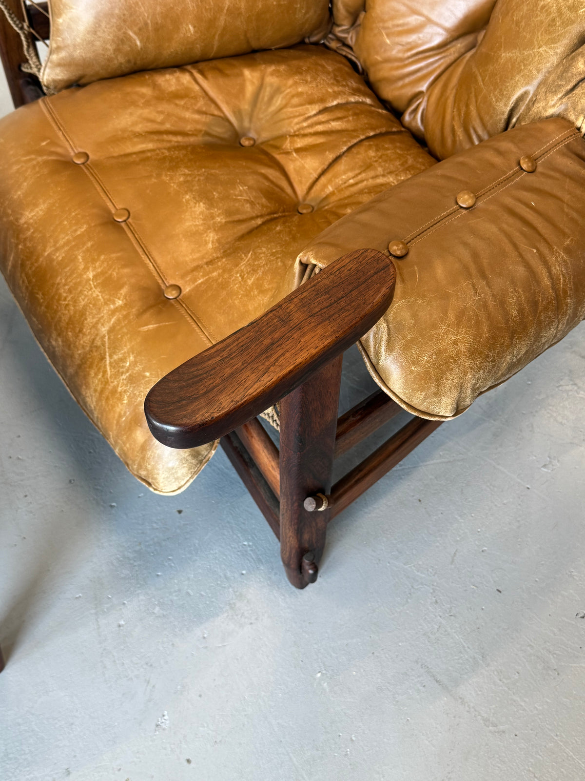 1960s Jangada Lounge Chair and Ottoman by Jean Gillon in Rosewood and original Brown Leather
