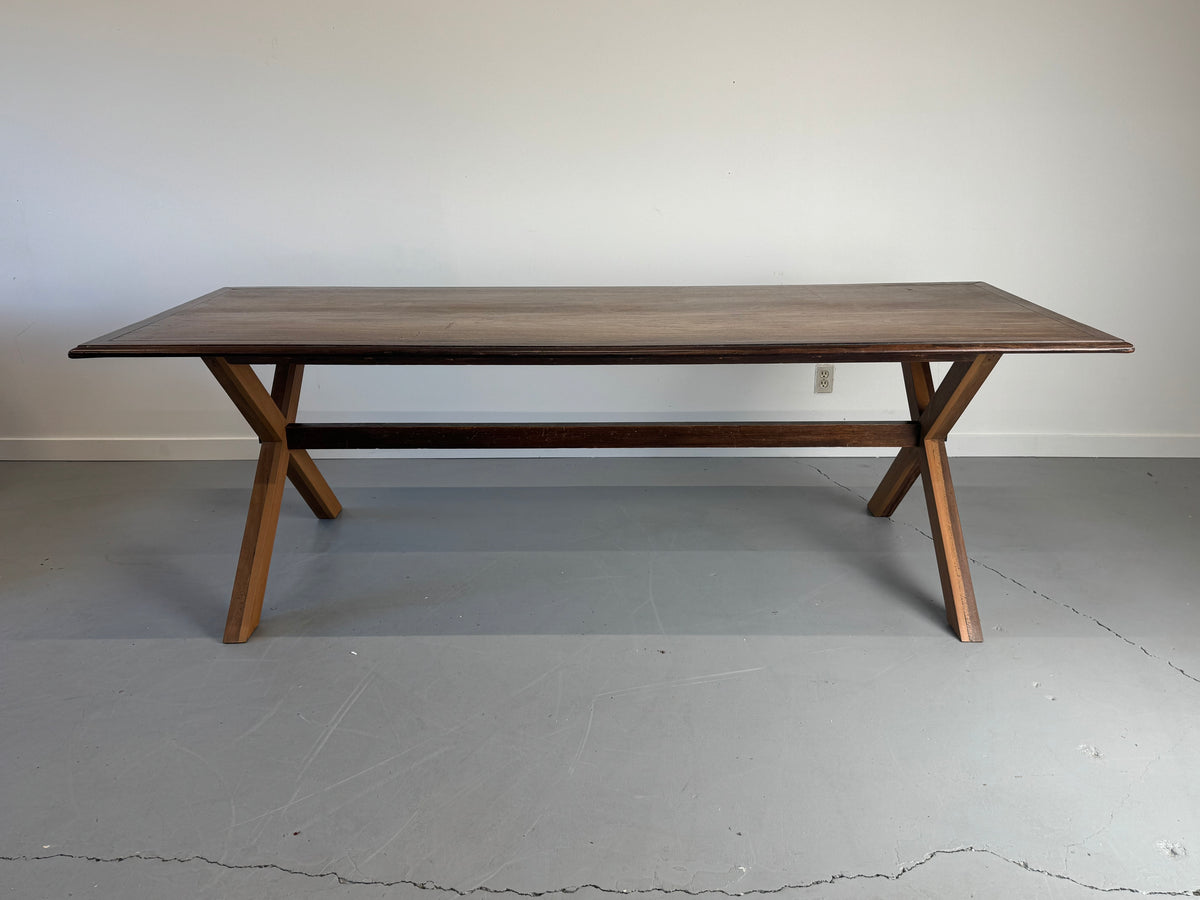 Vintage Monumental Solid Walnut and Rosewood Dining Table with X-Frame Base.
