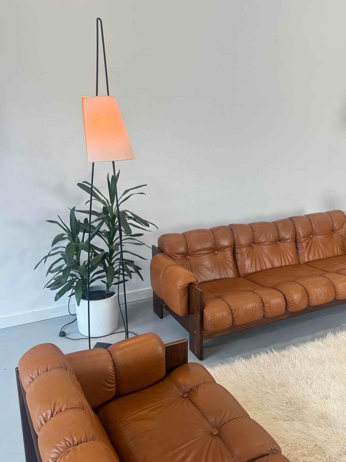 1970s Finnish Cognac Leather and Rosewood Three-Seat Sofa by Kalustekiila