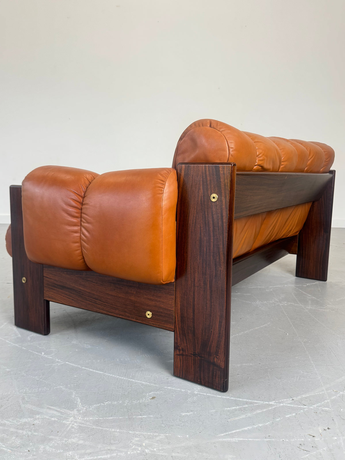 1970s Finnish Cognac Leather and Rosewood Two-Seat Sofa by Kalustekiila