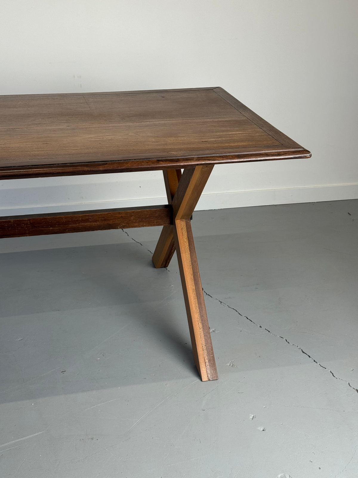 Vintage Monumental Solid Walnut and Rosewood Dining Table with X-Frame Base.