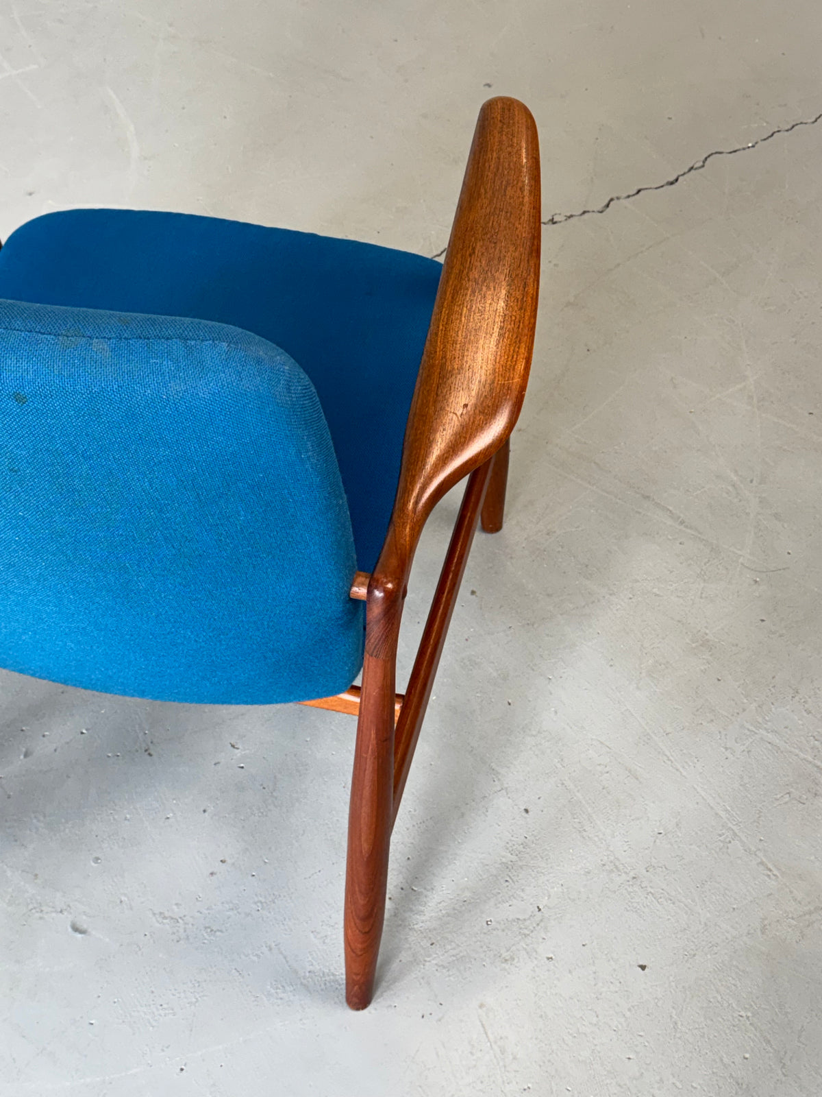 1950s BO95 Chair by Finn Juhl for Bovirke in teak and original blue wool.