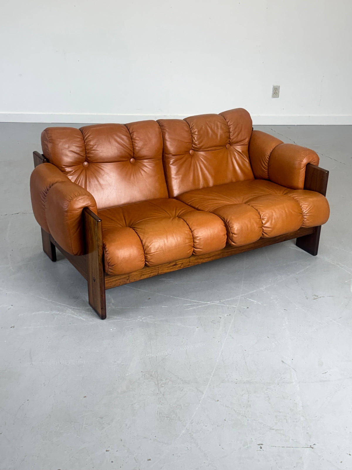 1970s Finnish Cognac Leather and Rosewood Two-Seat Sofa by Kalustekiila