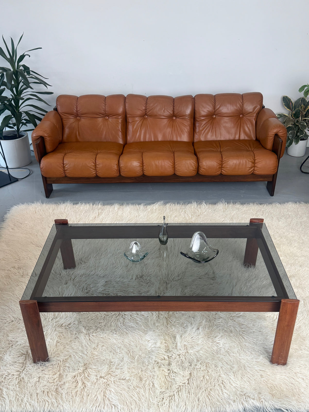 1970s Finnish Cognac Leather and Rosewood Three-Seat Sofa by Kalustekiila