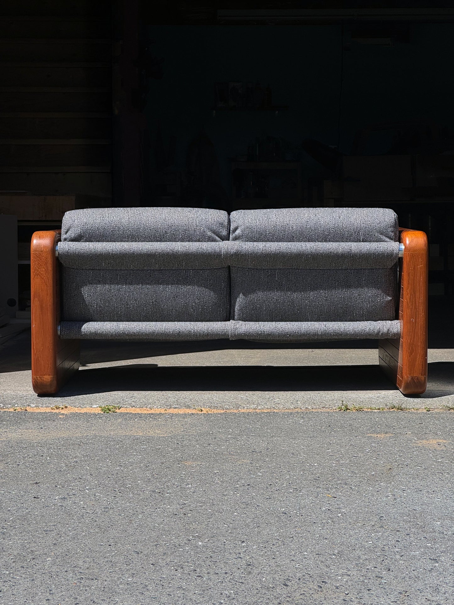1970s 2-Seater Sling Sofa in solid teak and tweed upholstery