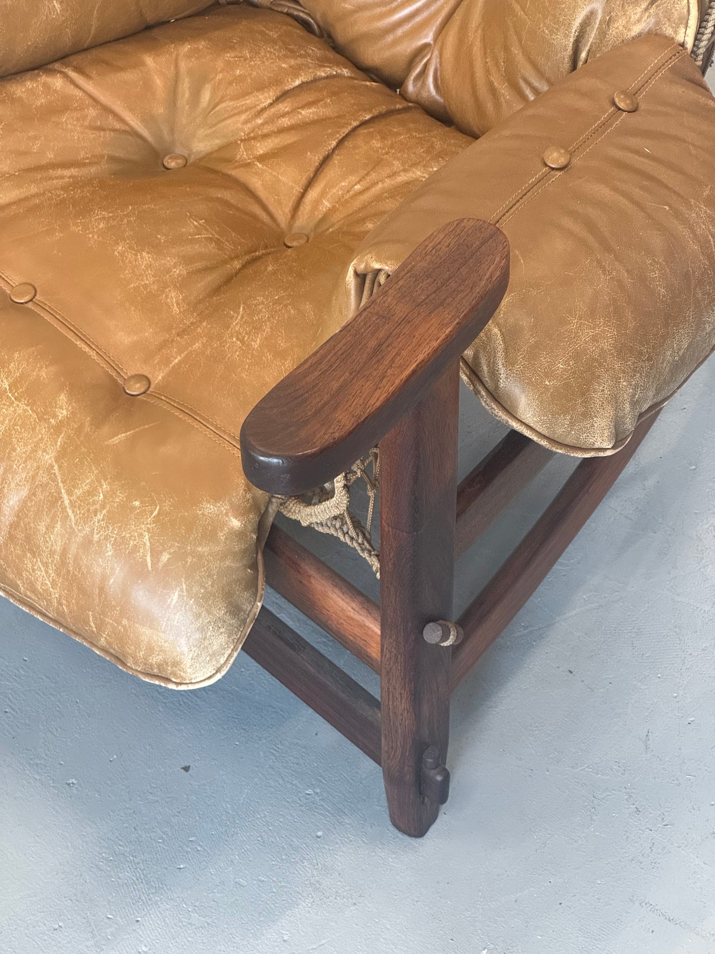 1960s Jangada Lounge Chair and Ottoman by Jean Gillon in Rosewood and original Brown Leather