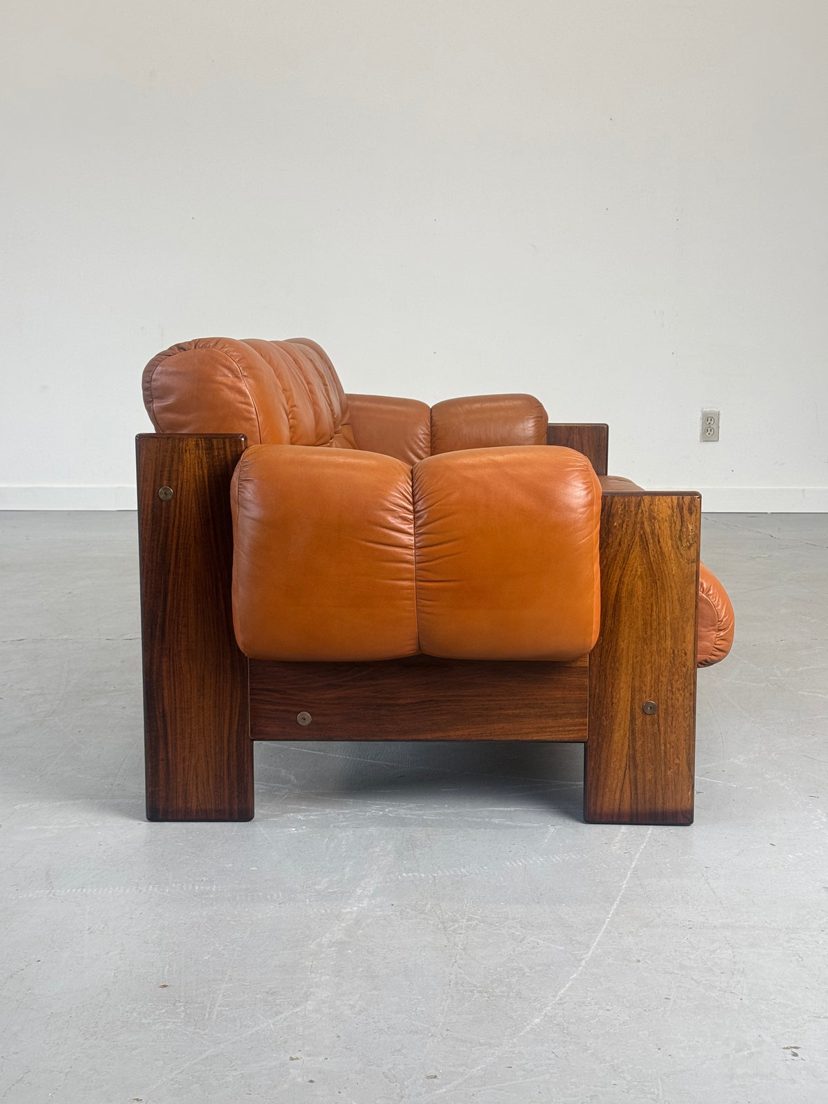 1970s Finnish Cognac Leather and Rosewood Two-Seat Sofa by Kalustekiila