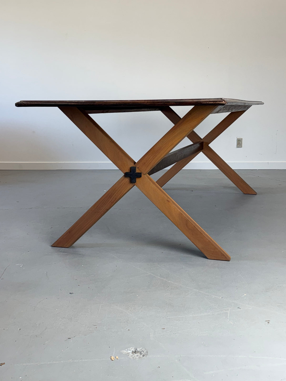 Vintage Monumental Solid Walnut and Rosewood Dining Table with X-Frame Base.