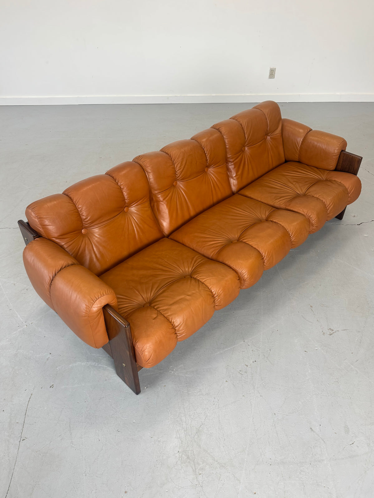 1970s Finnish Cognac Leather and Rosewood Three-Seat Sofa by Kalustekiila