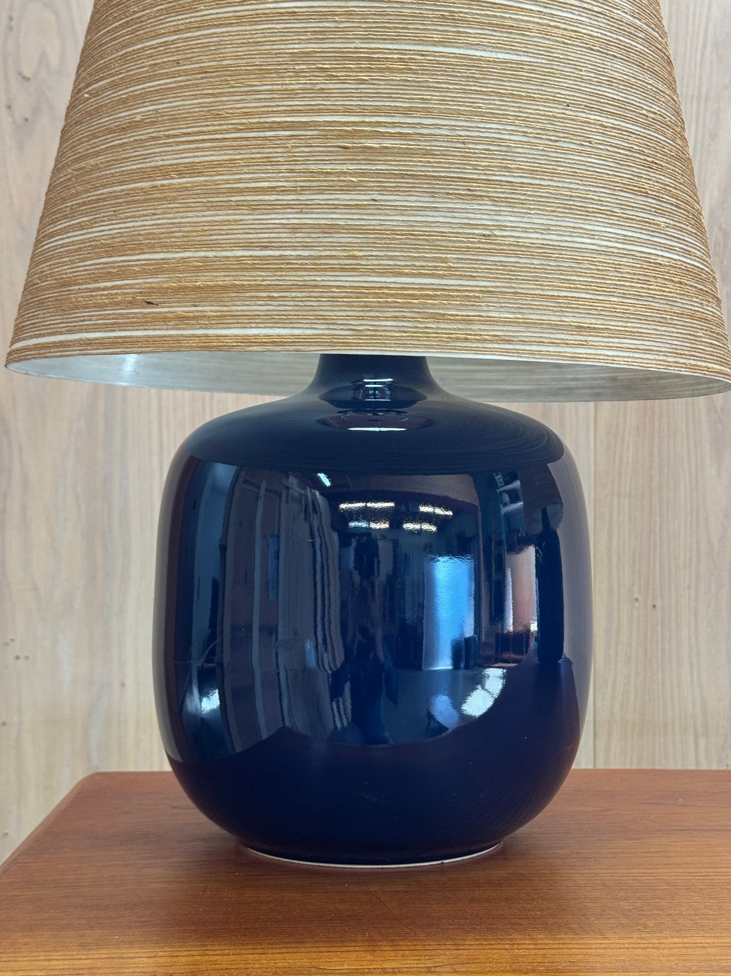 1960s Table Lamp by Lotte & Gunnar Bostlund in blue ceramic and original fiberglass shade