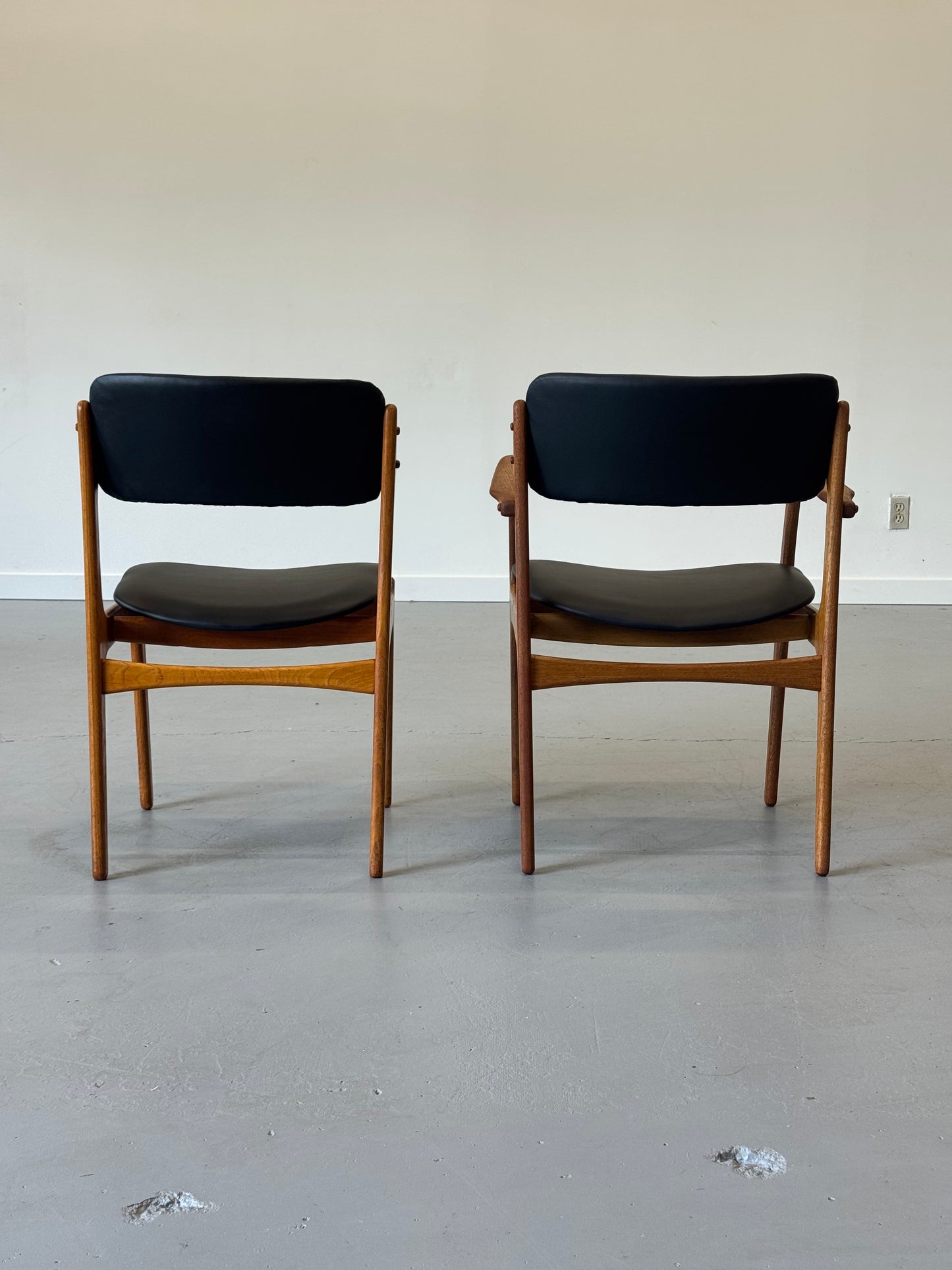 1960s Erik Buch Model 50 Dining Chairs in Teak and Black Elmosoft Leather for O.D. Møbler