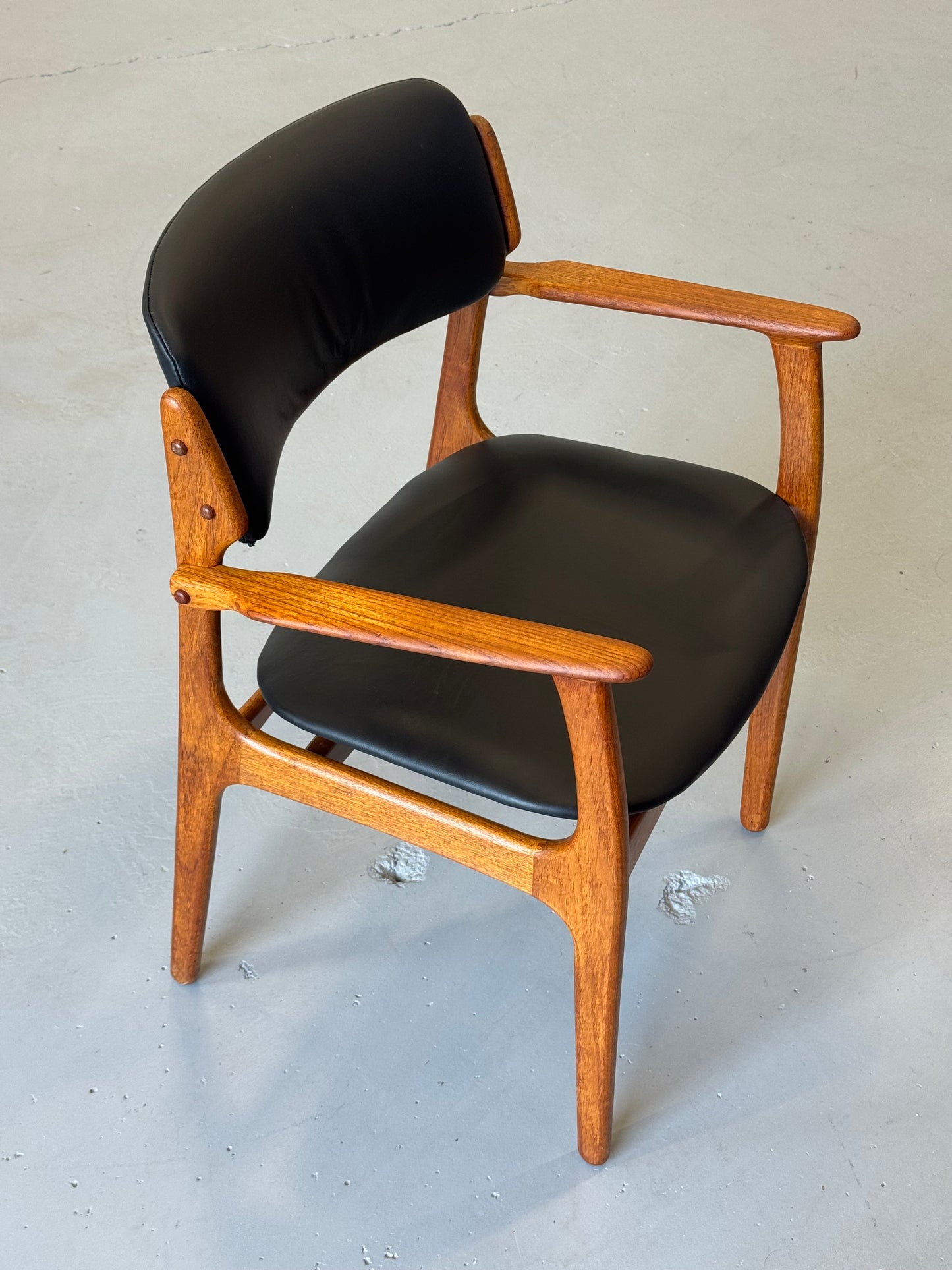 1960s Erik Buch Model 50 Dining Chairs in Teak and Black Elmosoft Leather for O.D. Møbler
