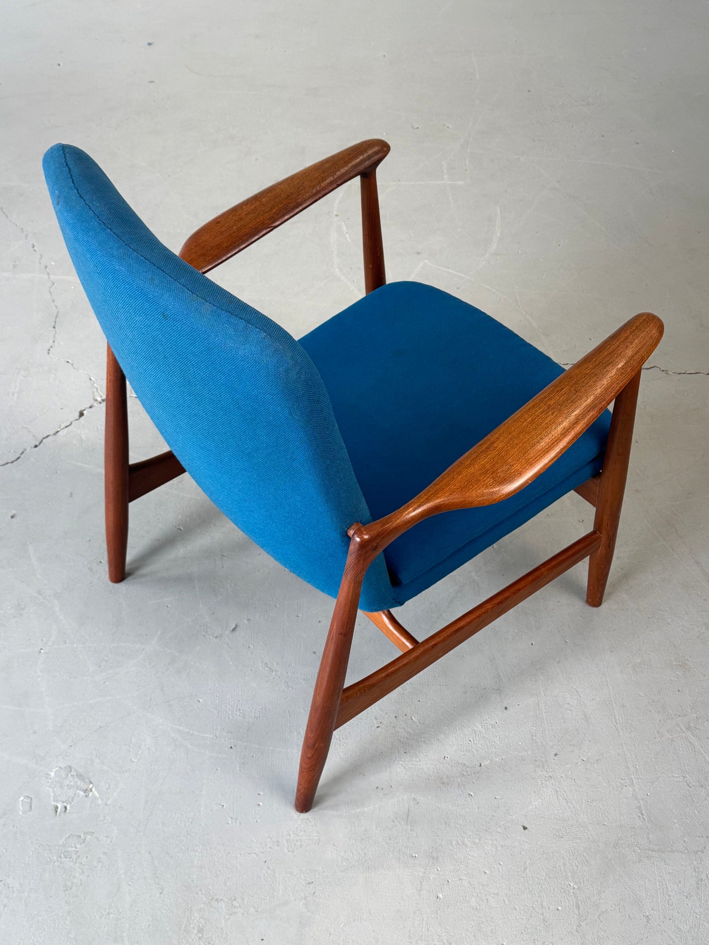 1950s BO95 Chair by Finn Juhl for Bovirke in teak and original blue wool.