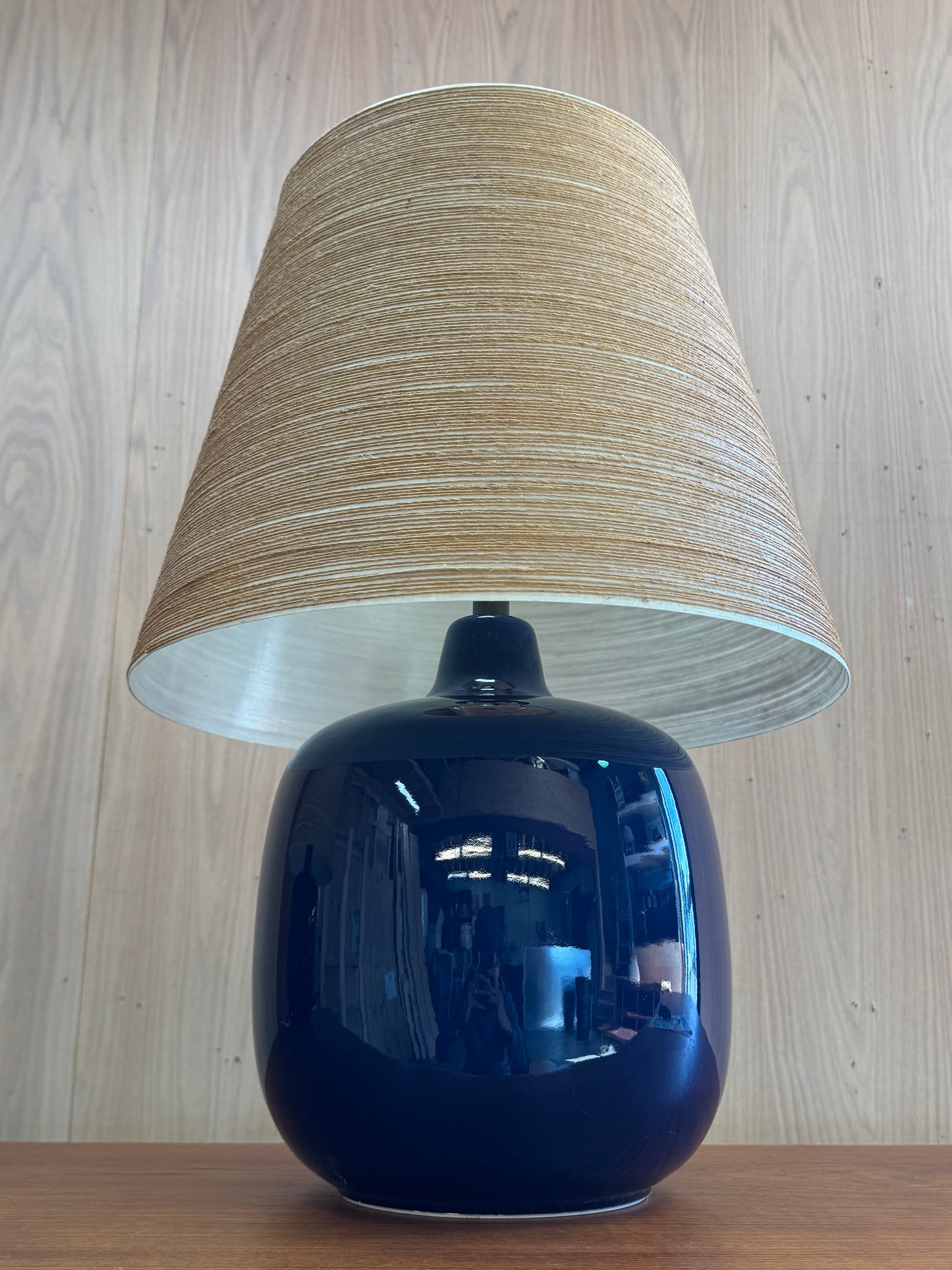 1960s Table Lamp by Lotte & Gunnar Bostlund in blue ceramic and original fiberglass shade