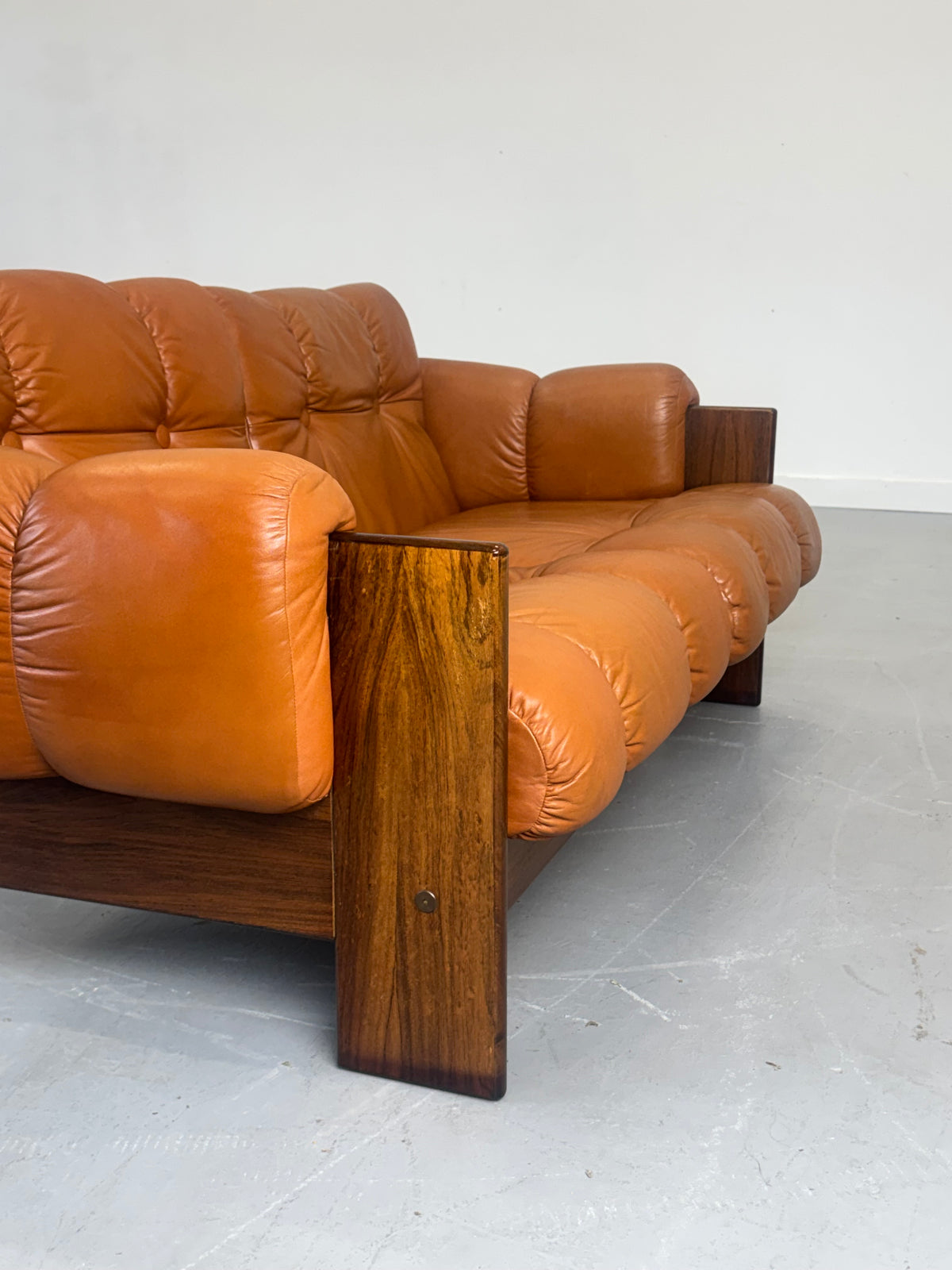 1970s Finnish Cognac Leather and Rosewood Two-Seat Sofa by Kalustekiila
