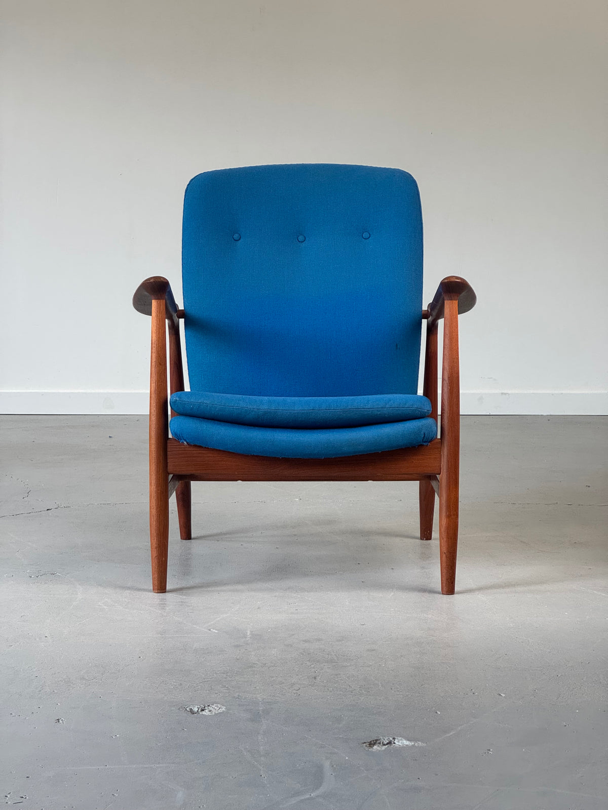 1950s BO95 Chair by Finn Juhl for Bovirke in teak and original blue wool.