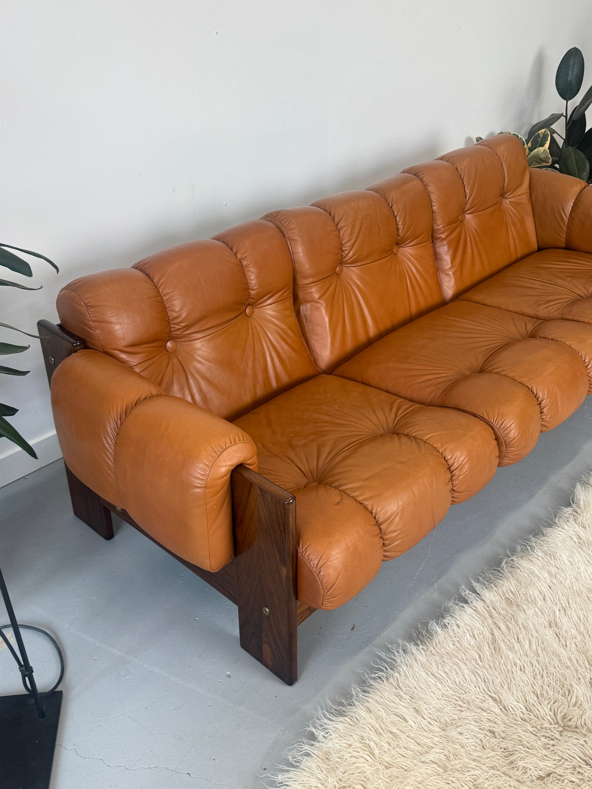 1970s Finnish Cognac Leather and Rosewood Three-Seat Sofa by Kalustekiila