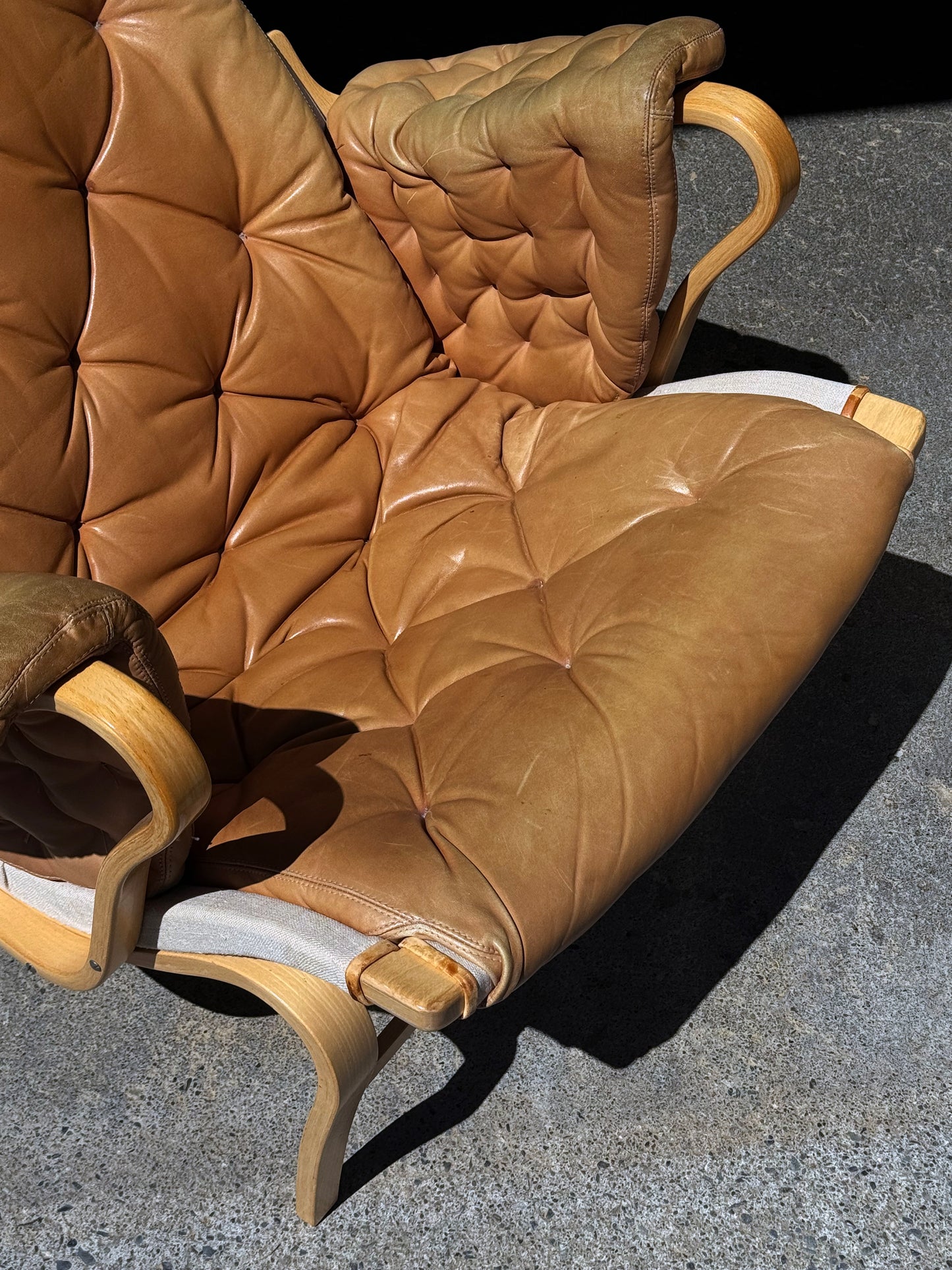 1960s Pernilla 69 Lounge Chair and Ottoman by Bruno Mathsson for DUX in beech and original leather