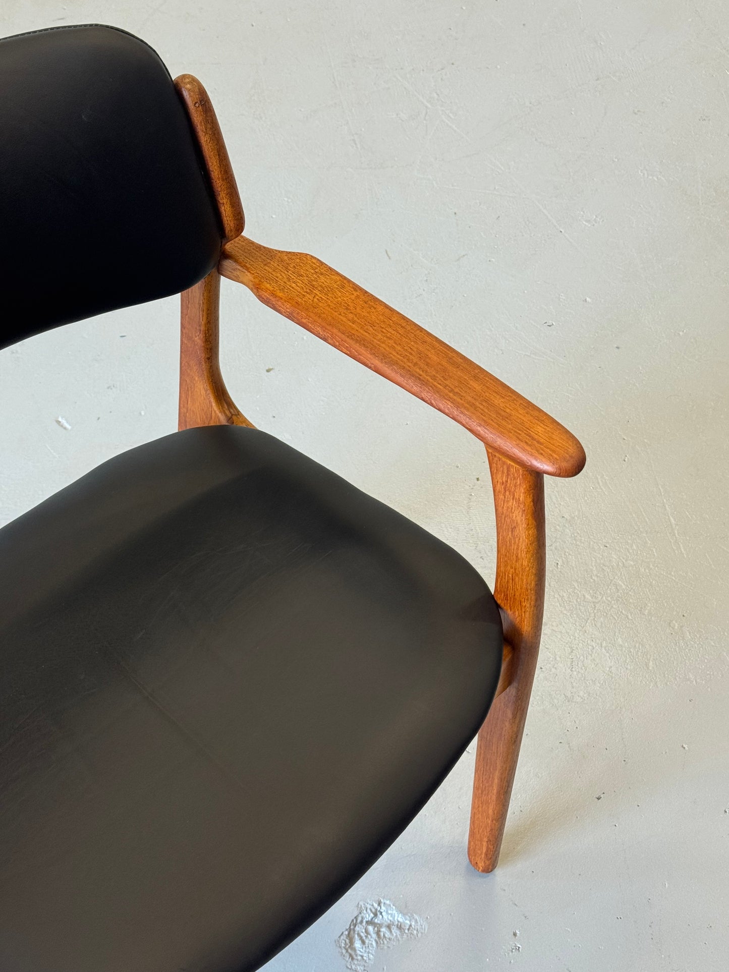 1960s Erik Buch Model 50 Dining Chairs in Teak and Black Elmosoft Leather for O.D. Møbler