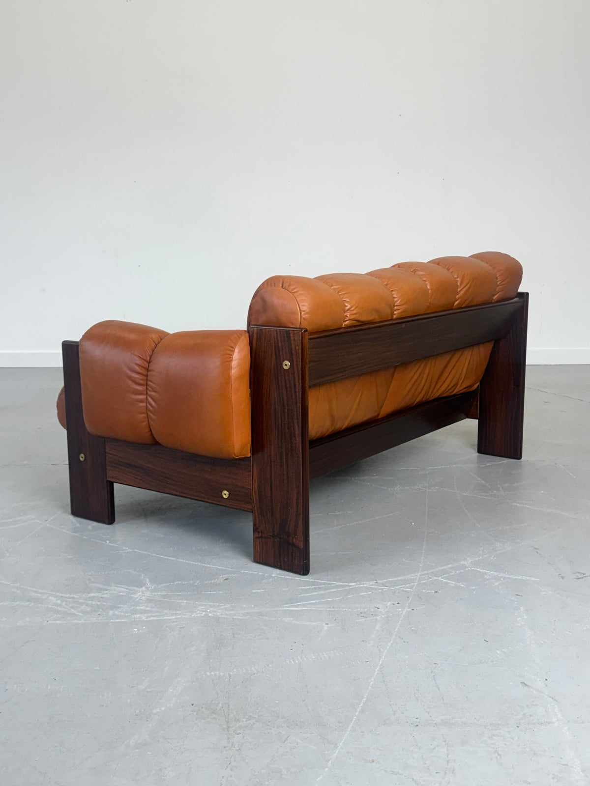1970s Finnish Cognac Leather and Rosewood Two-Seat Sofa by Kalustekiila
