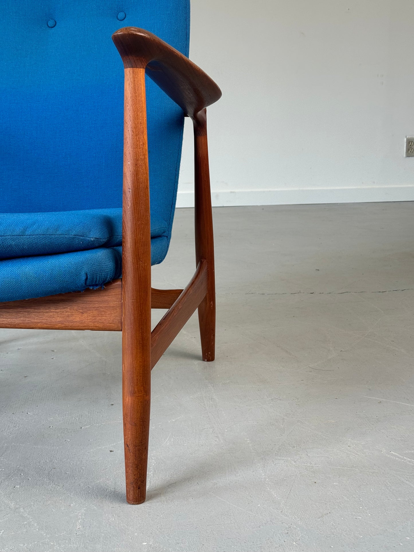1950s BO95 Chair by Finn Juhl for Bovirke in teak and original blue wool.