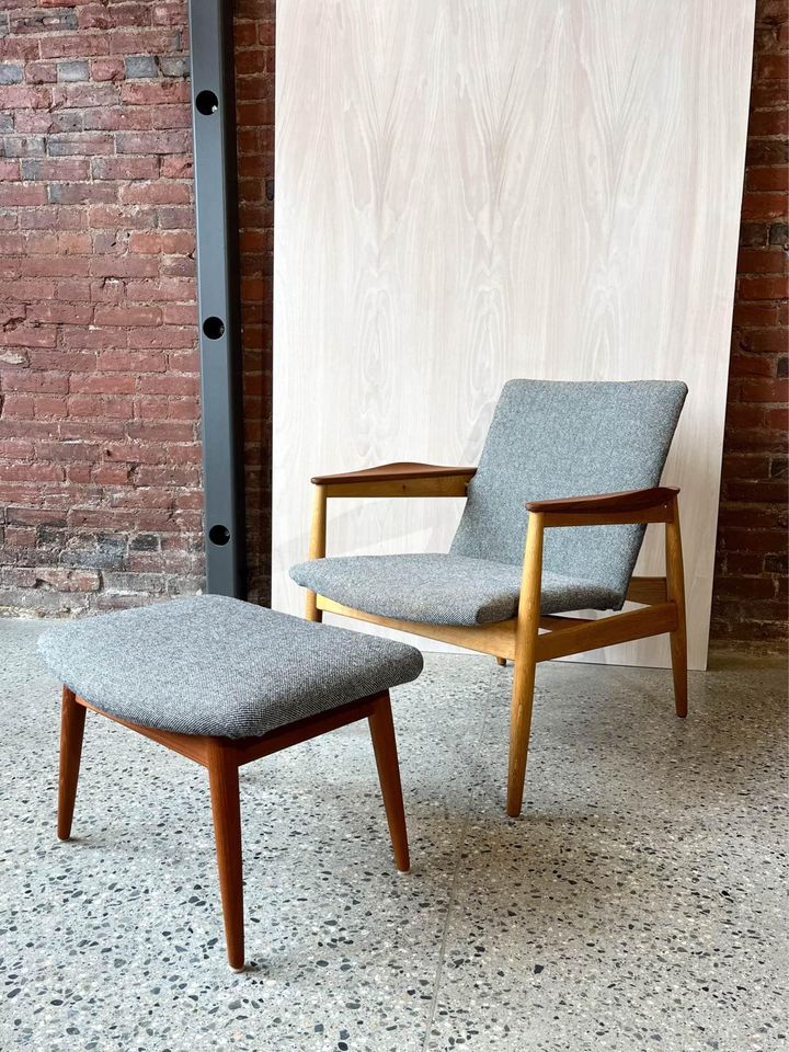 1950s Danish Teak and Oak Lounge Chair and Ottoman Stool