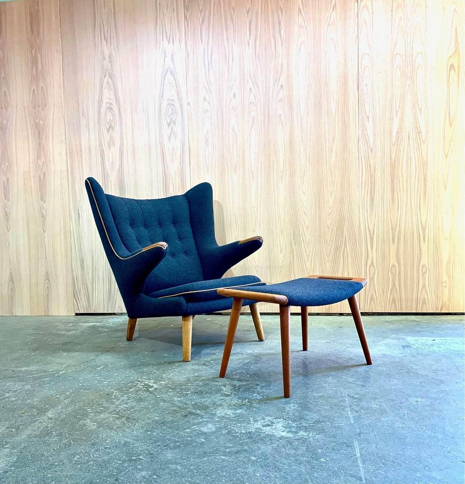 1950s Original AP19 Papa Bear Chair and Ottoman by Hans Wegner in Teak and Oak