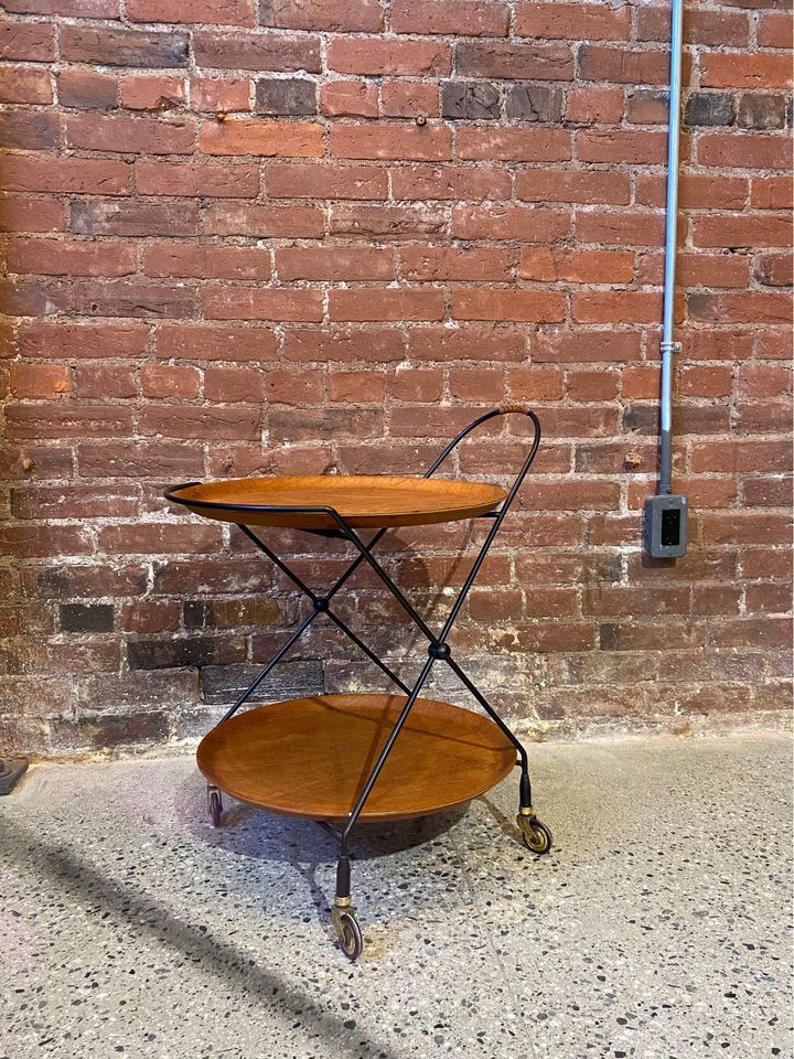 1950s Swedish Teak and Iron Folding Serving Cart