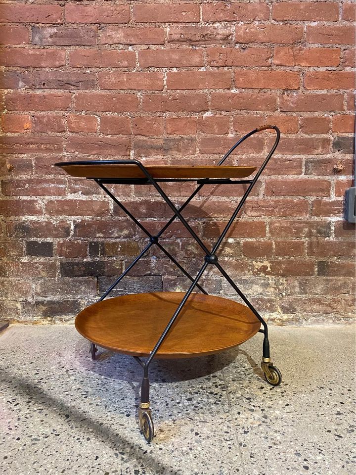 1950s Swedish Teak and Iron Folding Serving Cart