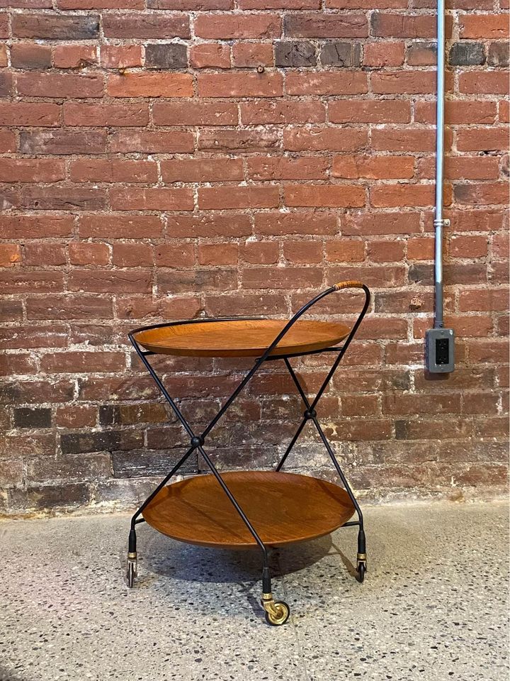 1950s Swedish Teak and Iron Folding Serving Cart