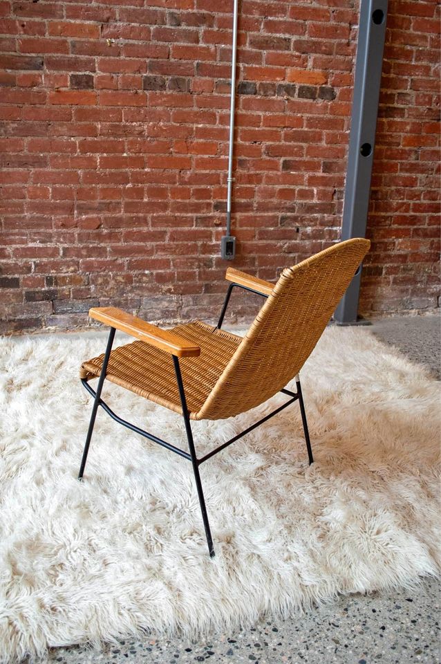 1950s Wrought Iron, Wood, and Rattan Arm Chair