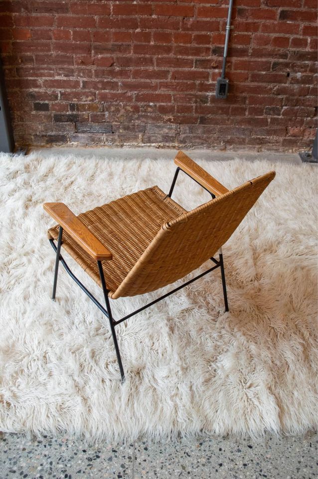 1950s Wrought Iron, Wood, and Rattan Arm Chair