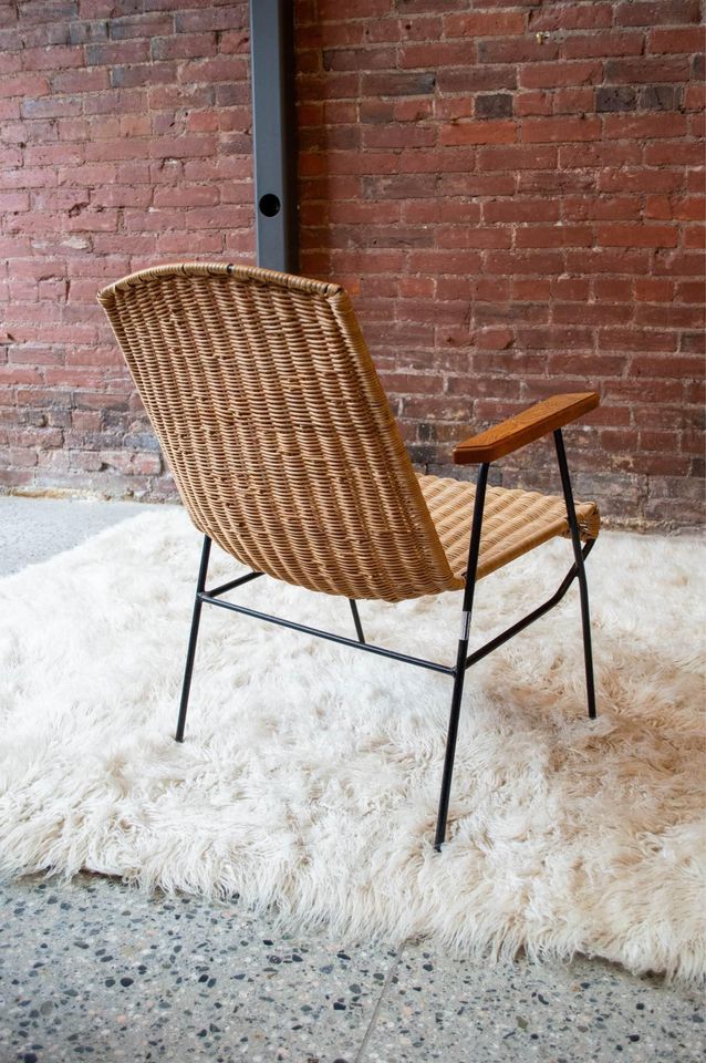 1950s Wrought Iron, Wood, and Rattan Arm Chair