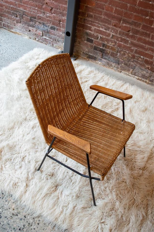 1950s Wrought Iron, Wood, and Rattan Arm Chair