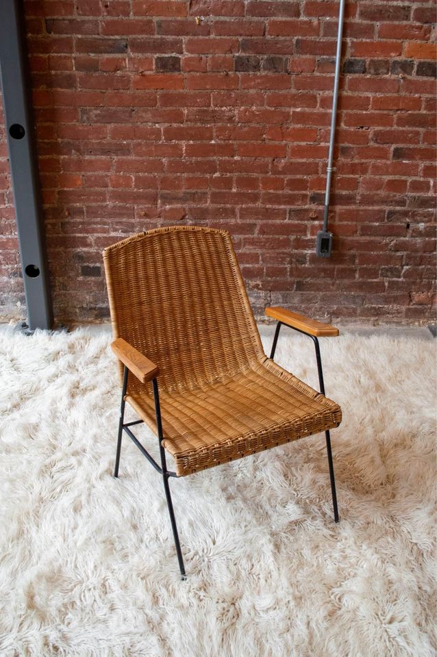 1950s Wrought Iron, Wood, and Rattan Arm Chair