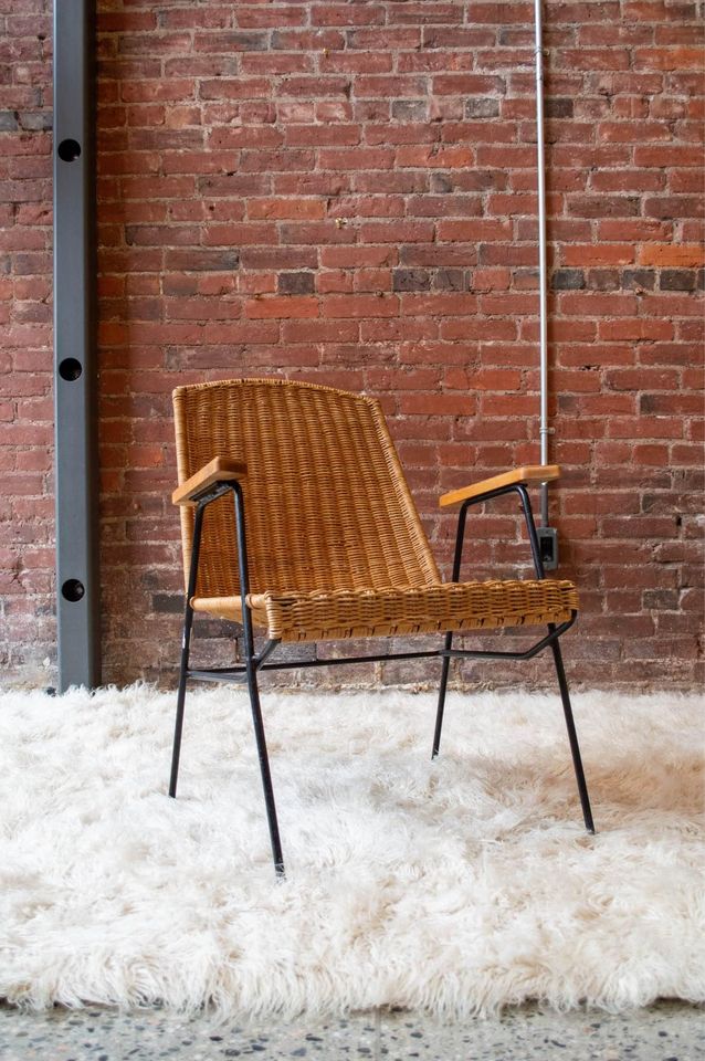 1950s Wrought Iron, Wood, and Rattan Arm Chair