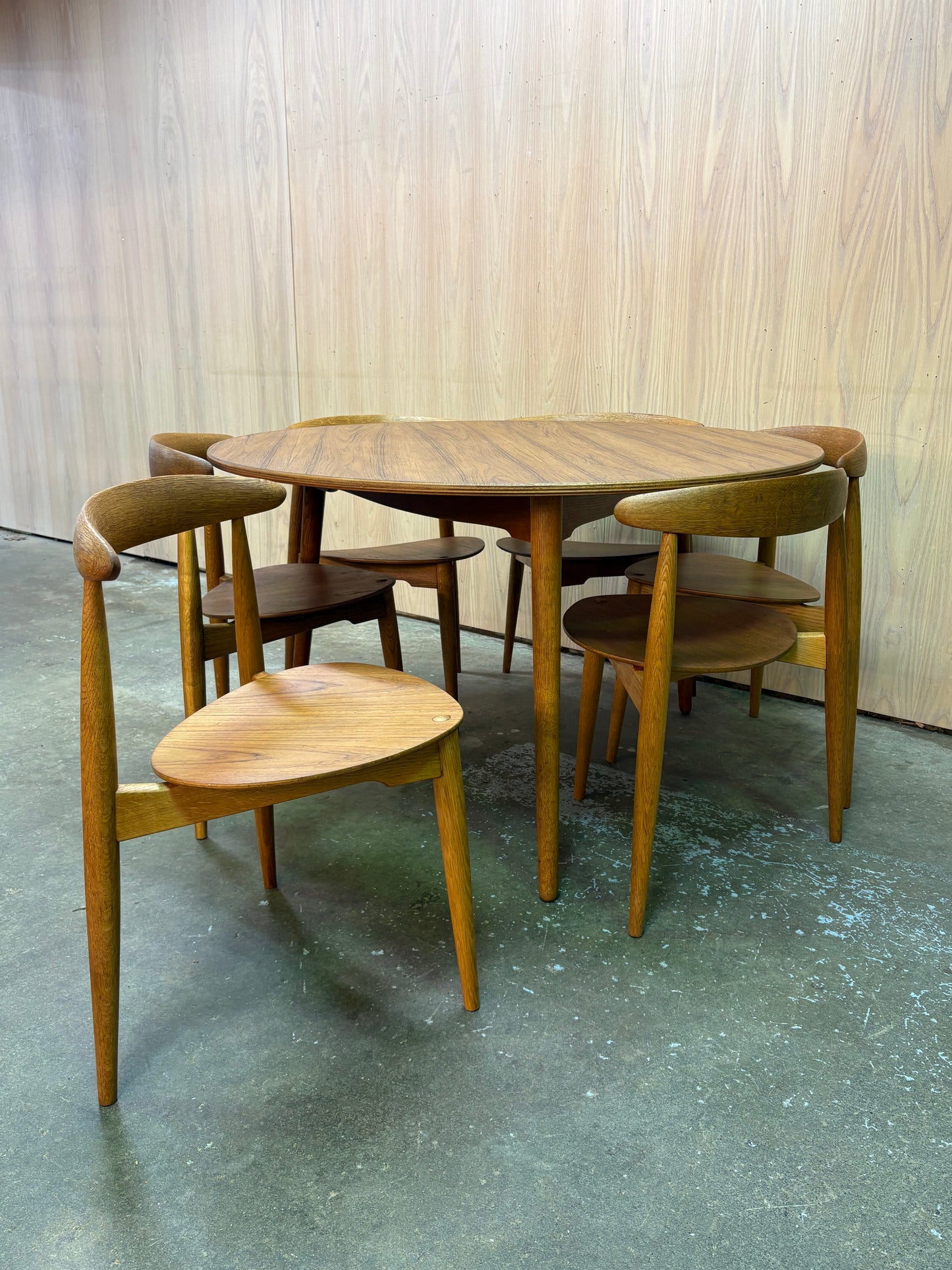 1950s Teak and Oak “Heart” Dining Table and Chairs by Hans Wegner for Fritz Hansen