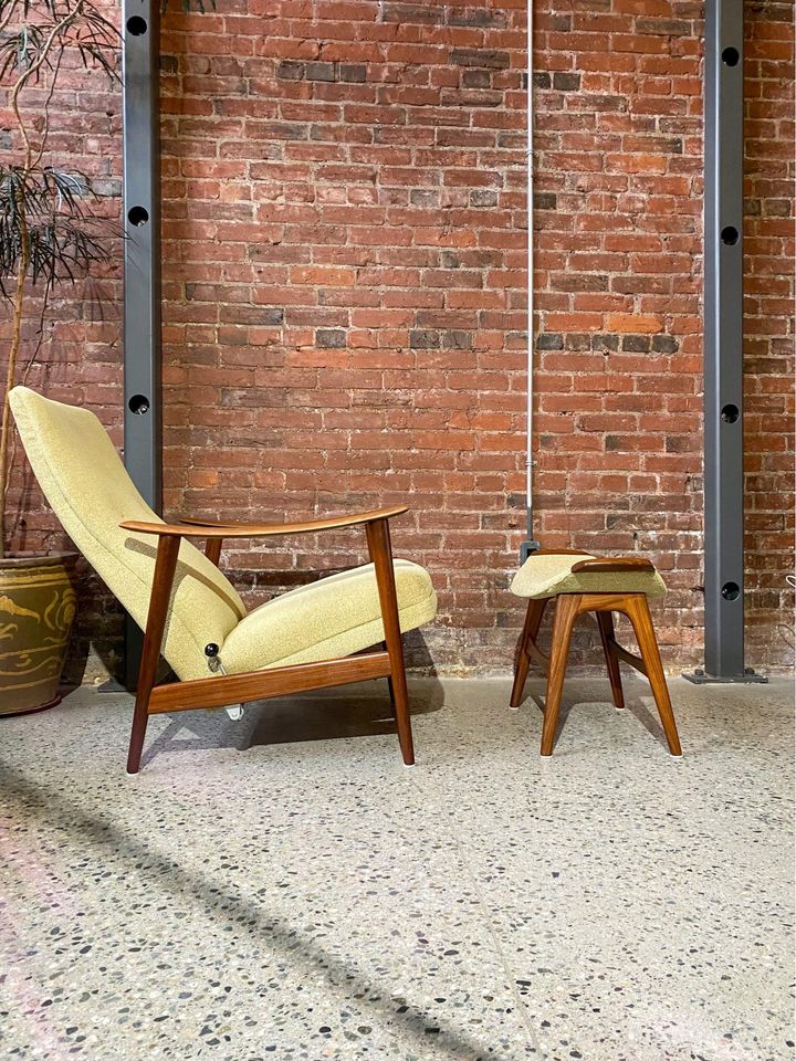 1960s Afromosia Teak Norwegian Reclining Lounge Chair and Matching Stool