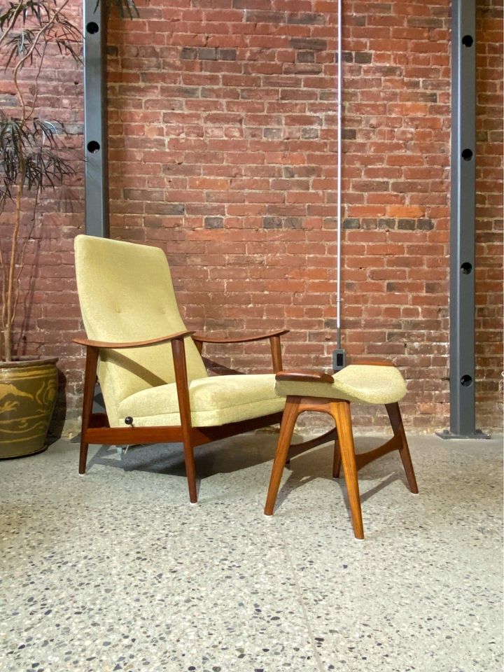 1960s Afromosia Teak Norwegian Reclining Lounge Chair and Matching Stool