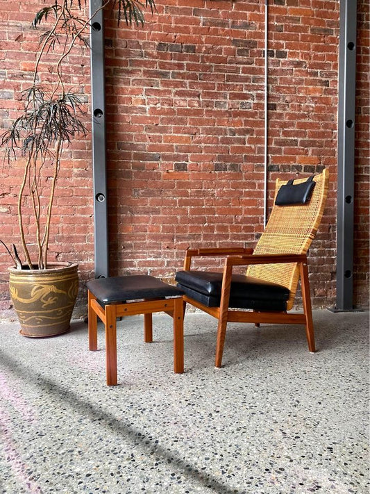 1960s Afromosia Teak and Cane High Back Lounge Chair and Ottoman