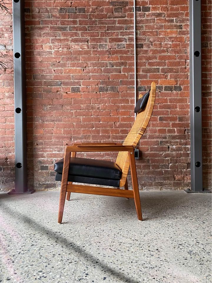 1960s Afromosia Teak and Cane High Back Lounge Chair and Ottoman