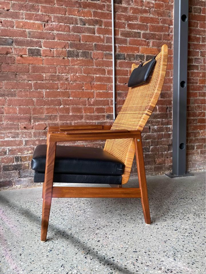 1960s Afromosia Teak and Cane High Back Lounge Chair and Ottoman