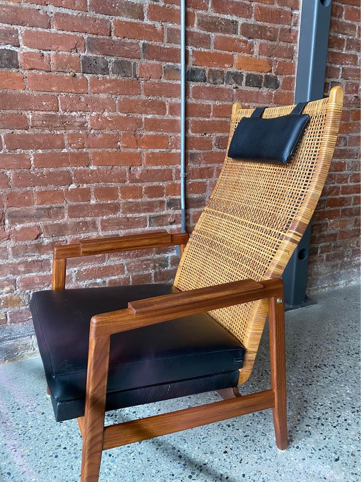 1960s Afromosia Teak and Cane High Back Lounge Chair and Ottoman