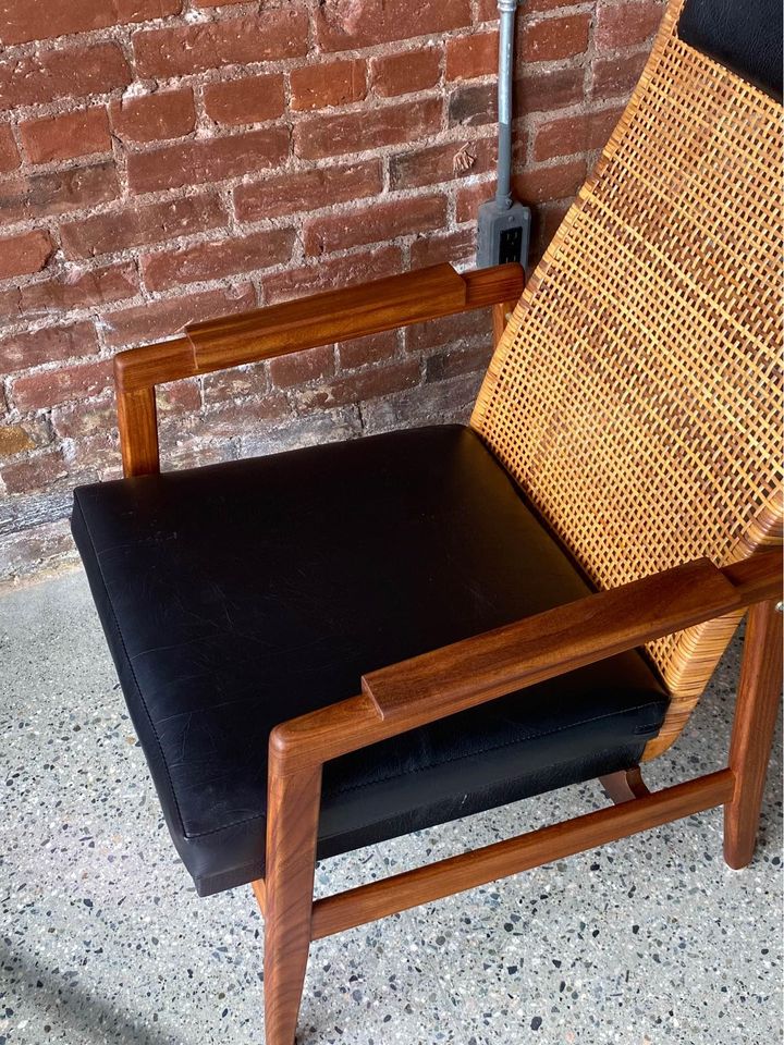 1960s Afromosia Teak and Cane High Back Lounge Chair and Ottoman