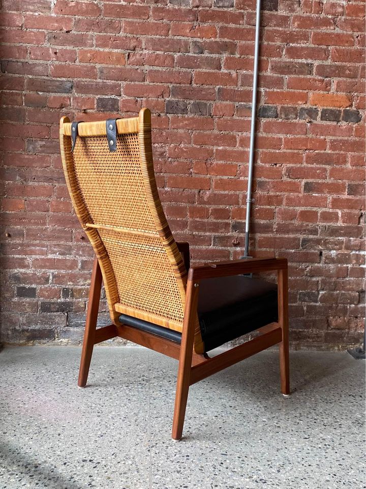 1960s Afromosia Teak and Cane High Back Lounge Chair and Ottoman