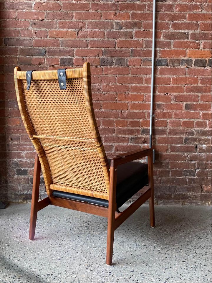 1960s Afromosia Teak and Cane High Back Lounge Chair and Ottoman