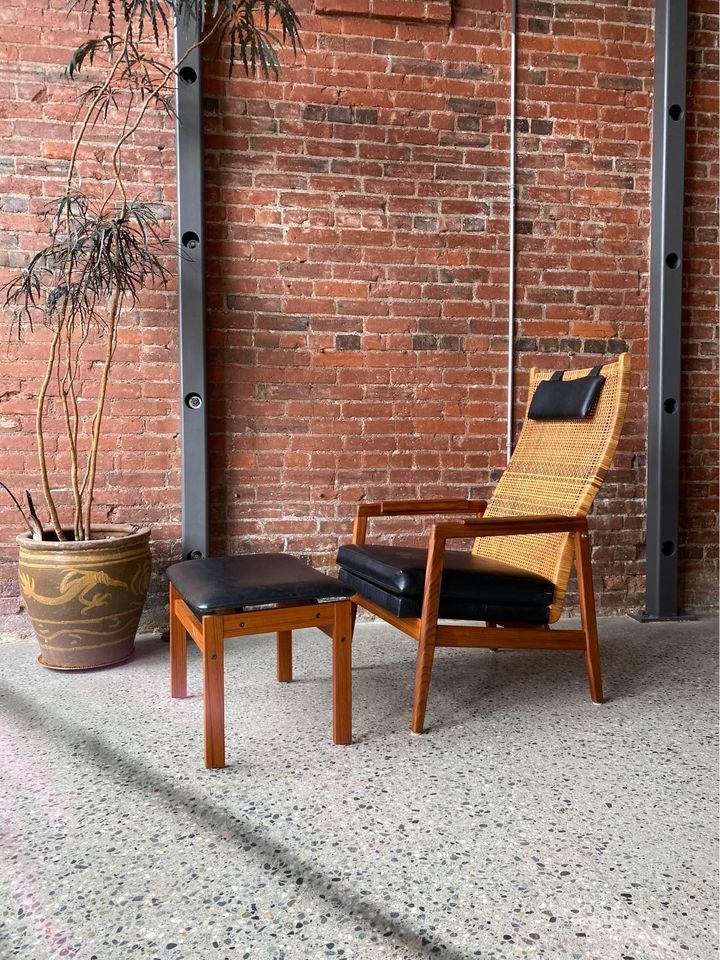 1960s Afromosia Teak and Cane High Back Lounge Chair and Ottoman