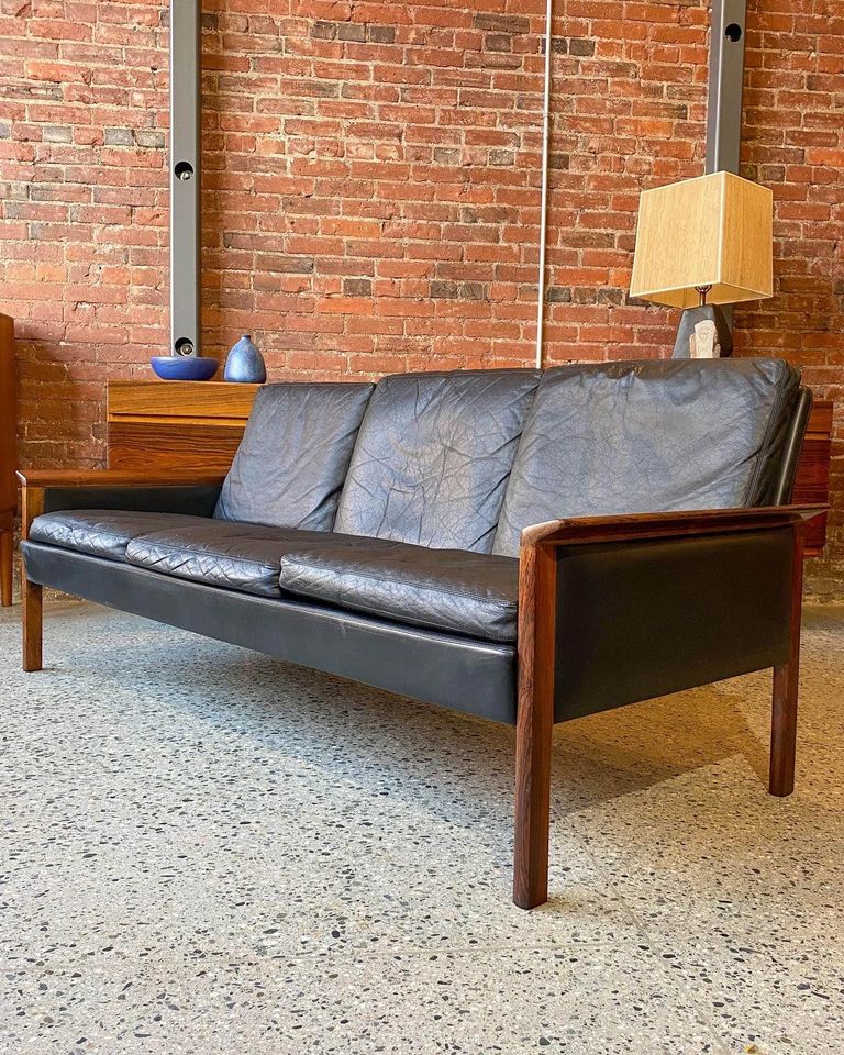 1960s Danish Rosewood and Black Leather Sofa by Hans Olsen