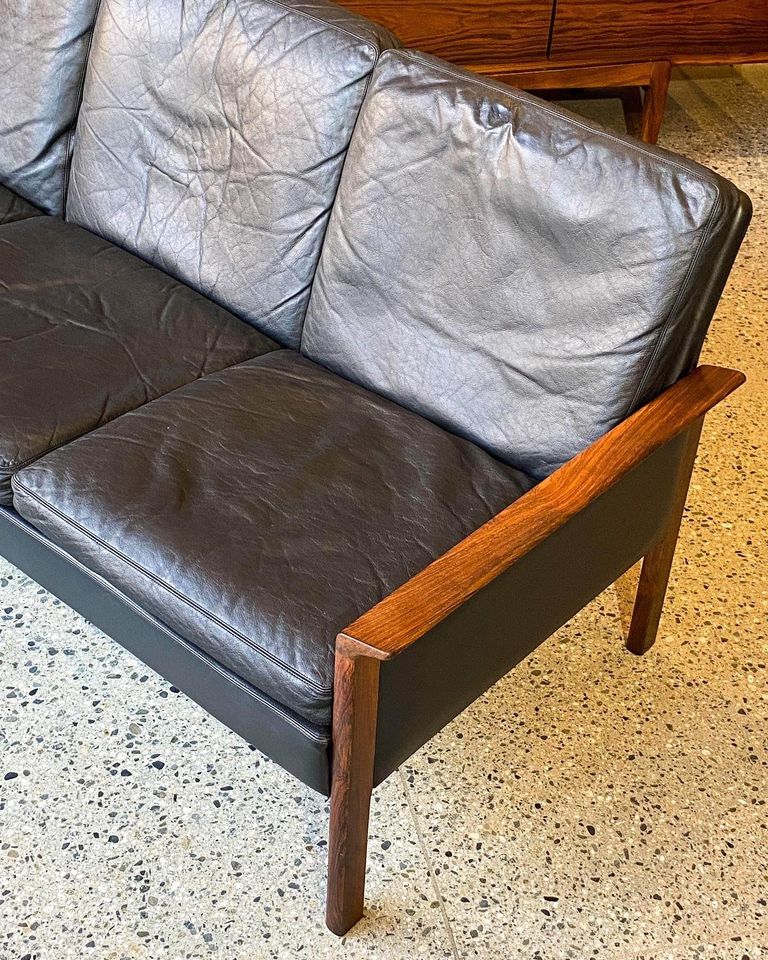 1960s Danish Rosewood and Black Leather Sofa by Hans Olsen